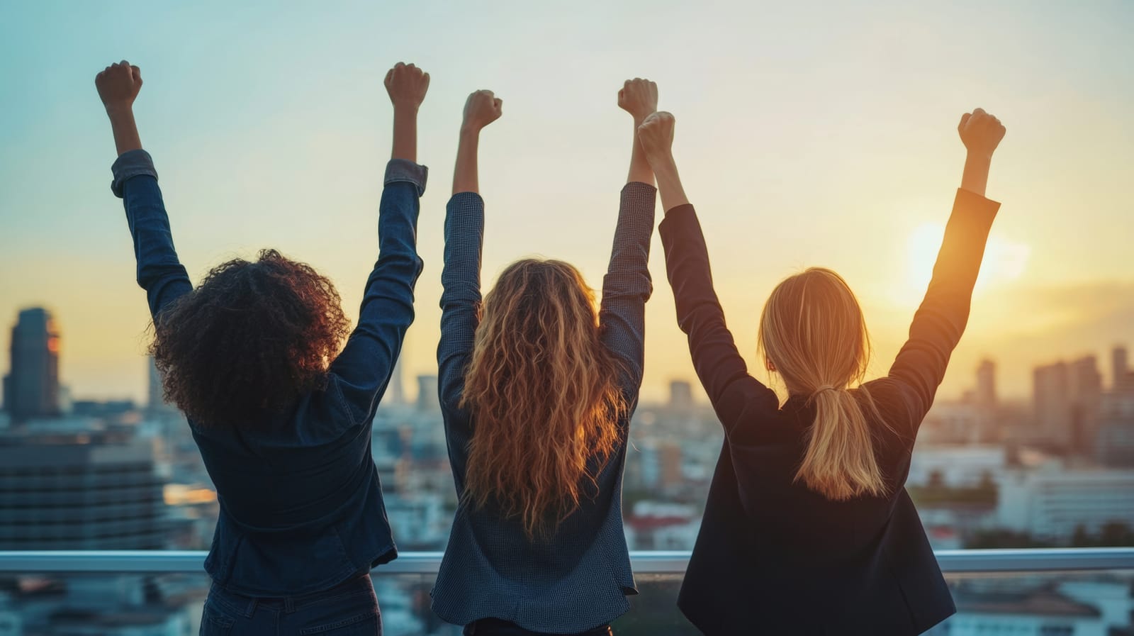 Three friends on a rooftop at sunset, arms raised above a city skyline