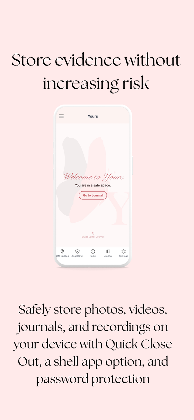 The Yours app home screen with Safe Spaces, Angel Shot, panic, journal, and settings tabs