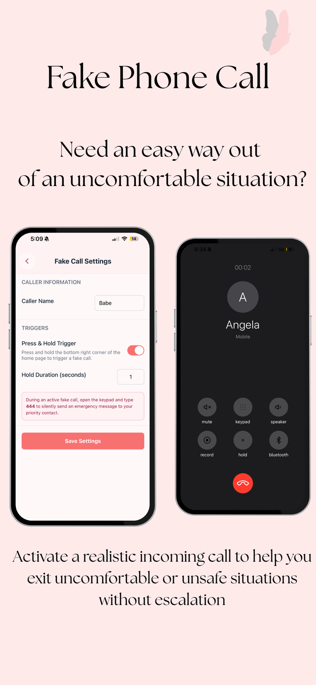 Fake call settings screen beside a realistic incoming call screen