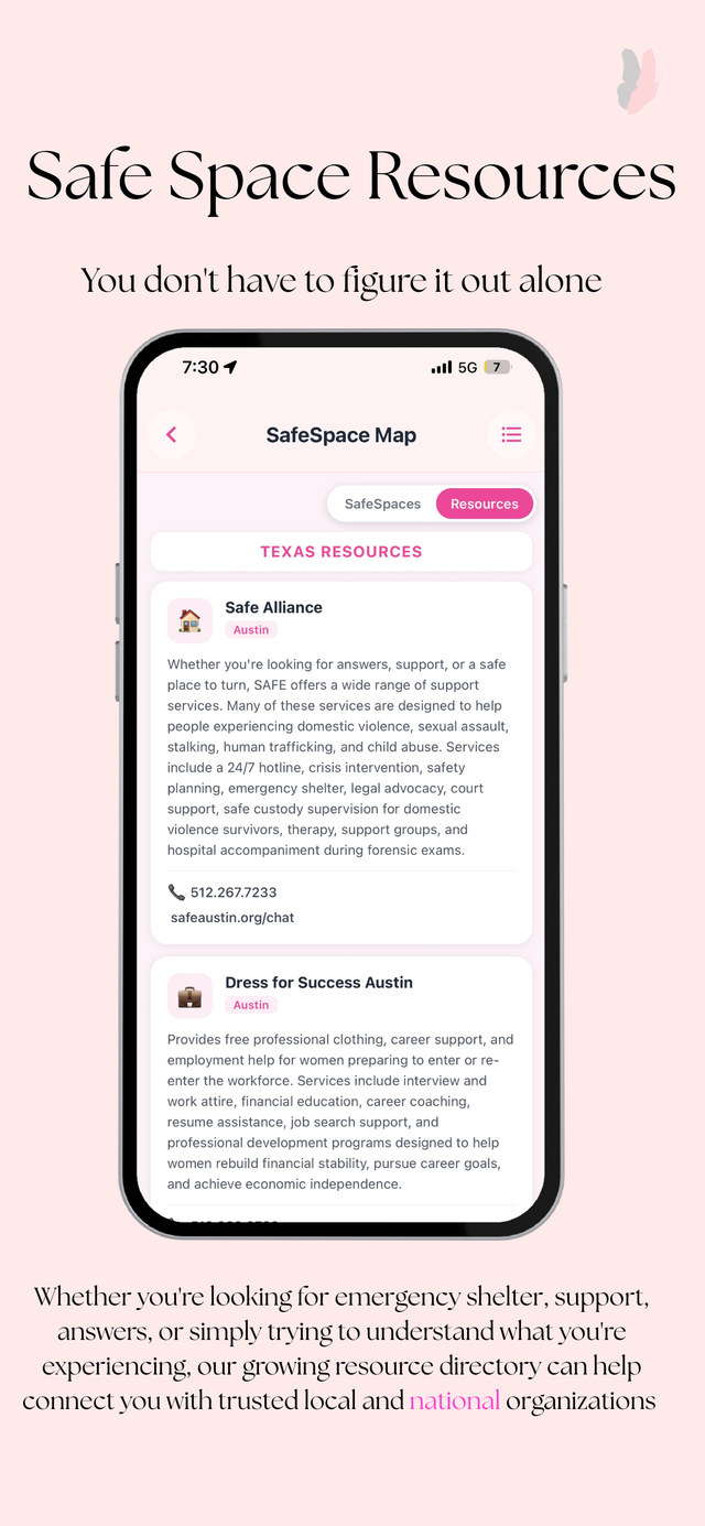 Safe Space map resources tab listing Texas support organizations