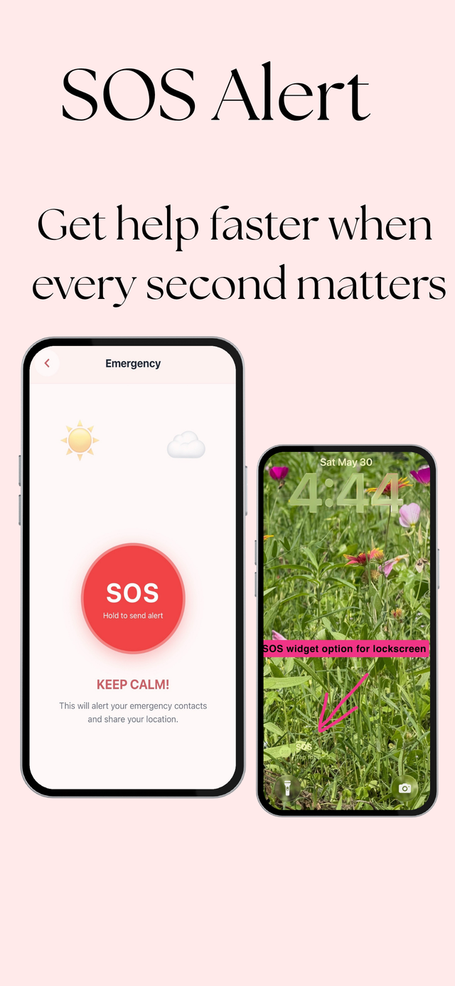 SOS alert screen with a hold-to-send button, beside the lock screen widget option